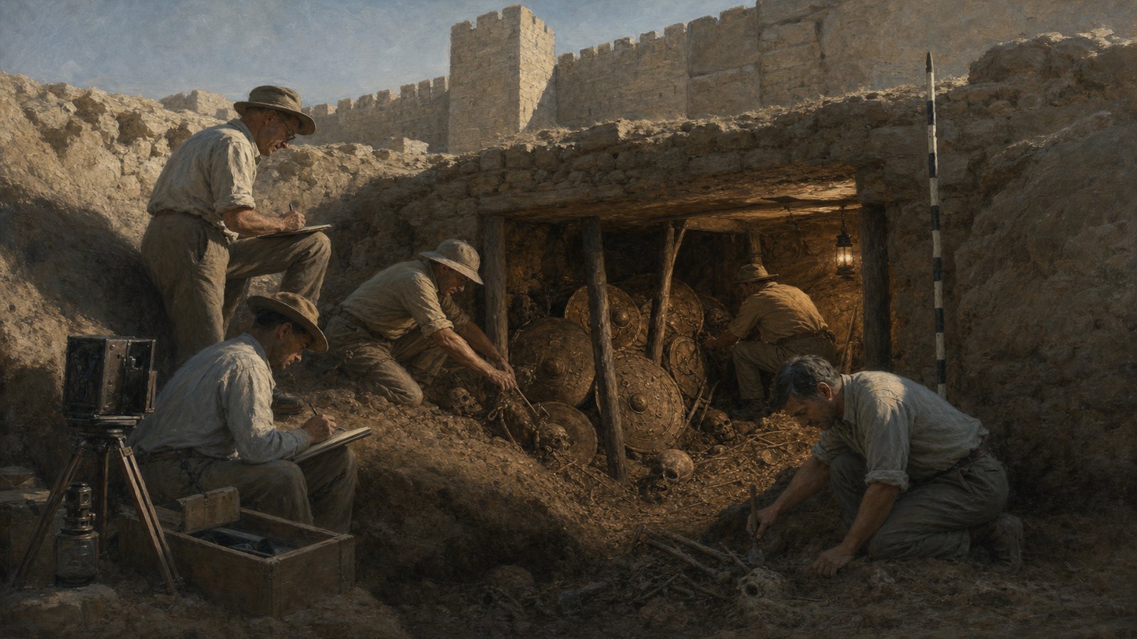 Early excavators document the concentrated Tower 19 deposit whose body positions later changed the interpretation of the siege.