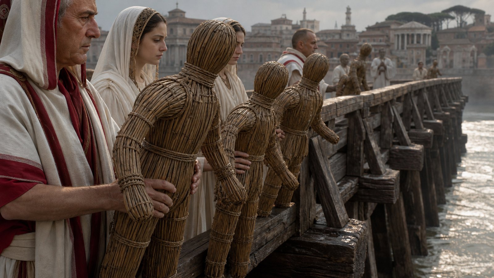 Pontiffs and Vestal Virgins carry human-shaped effigies woven from rushes onto the wooden Pons Sublicius for the May rite of the Argei.