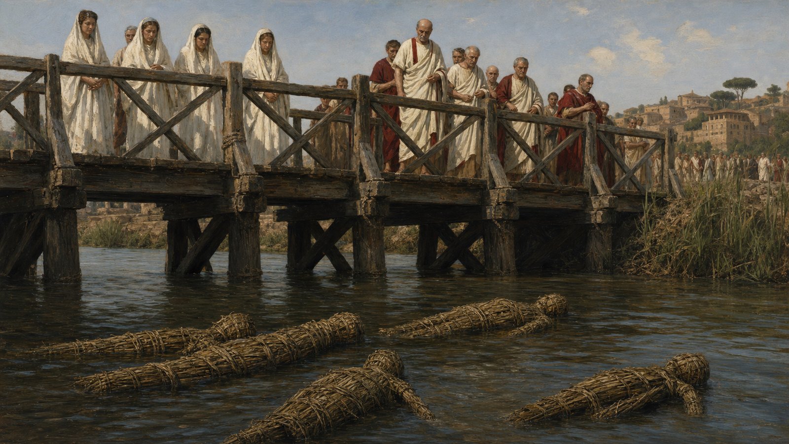 Rush effigies float in the Tiber below the Pons Sublicius while priests, magistrates and citizens complete the prescribed public ceremony.