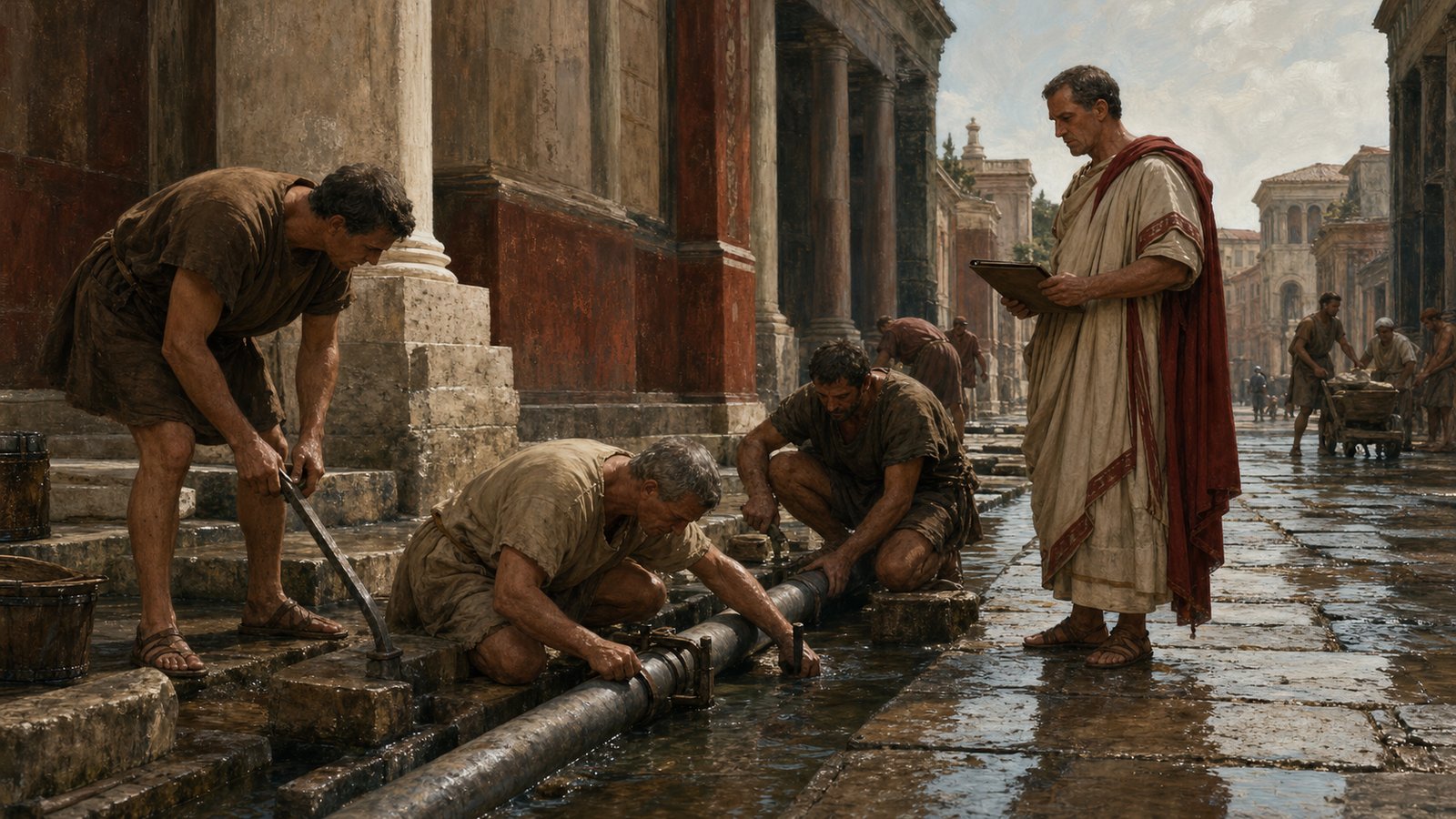 Roman workers expose and inspect a lead water pipe where public flow becomes a private connection.