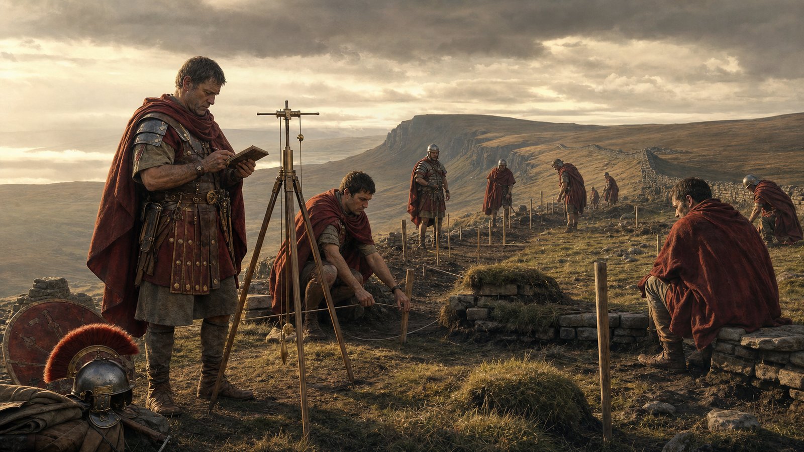 Roman surveyors and soldiers marking out a stony frontier line in northern Britain