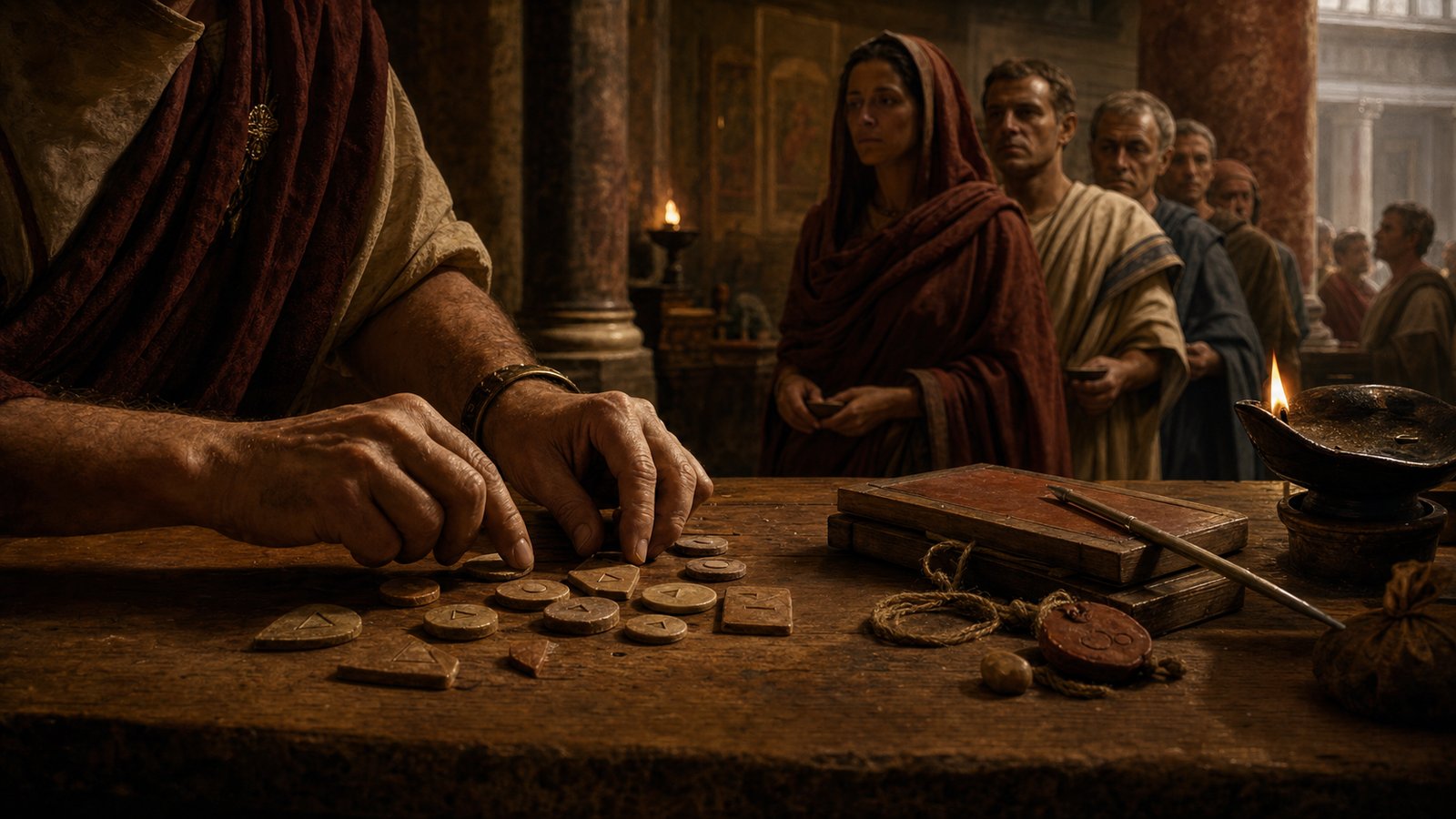 A Roman clerk checks a small tessera while citizens wait at a public counter.