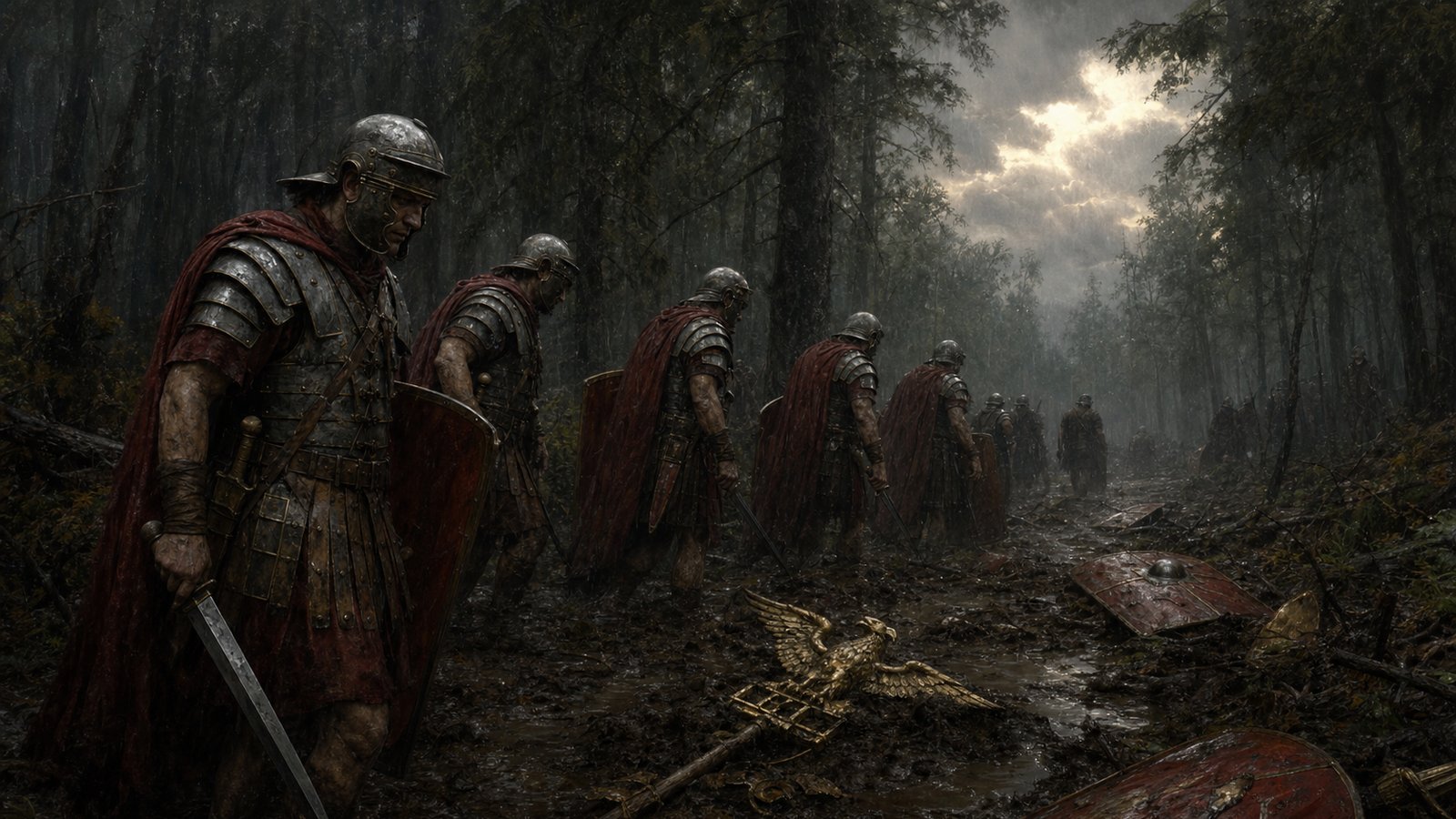 Roman soldiers encountering the loss of the eagle after Teutoburg