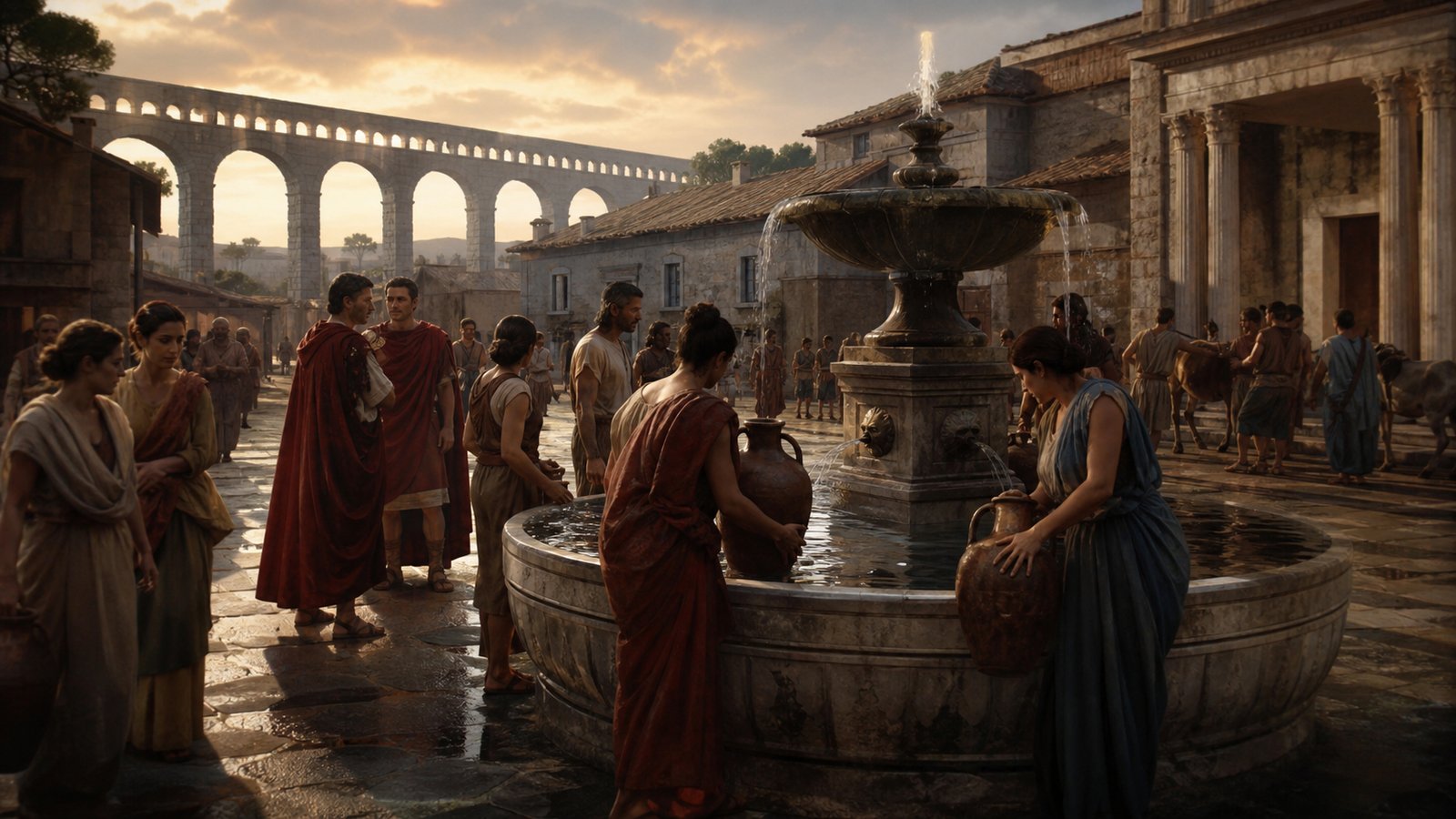 Romans gathering at a public fountain