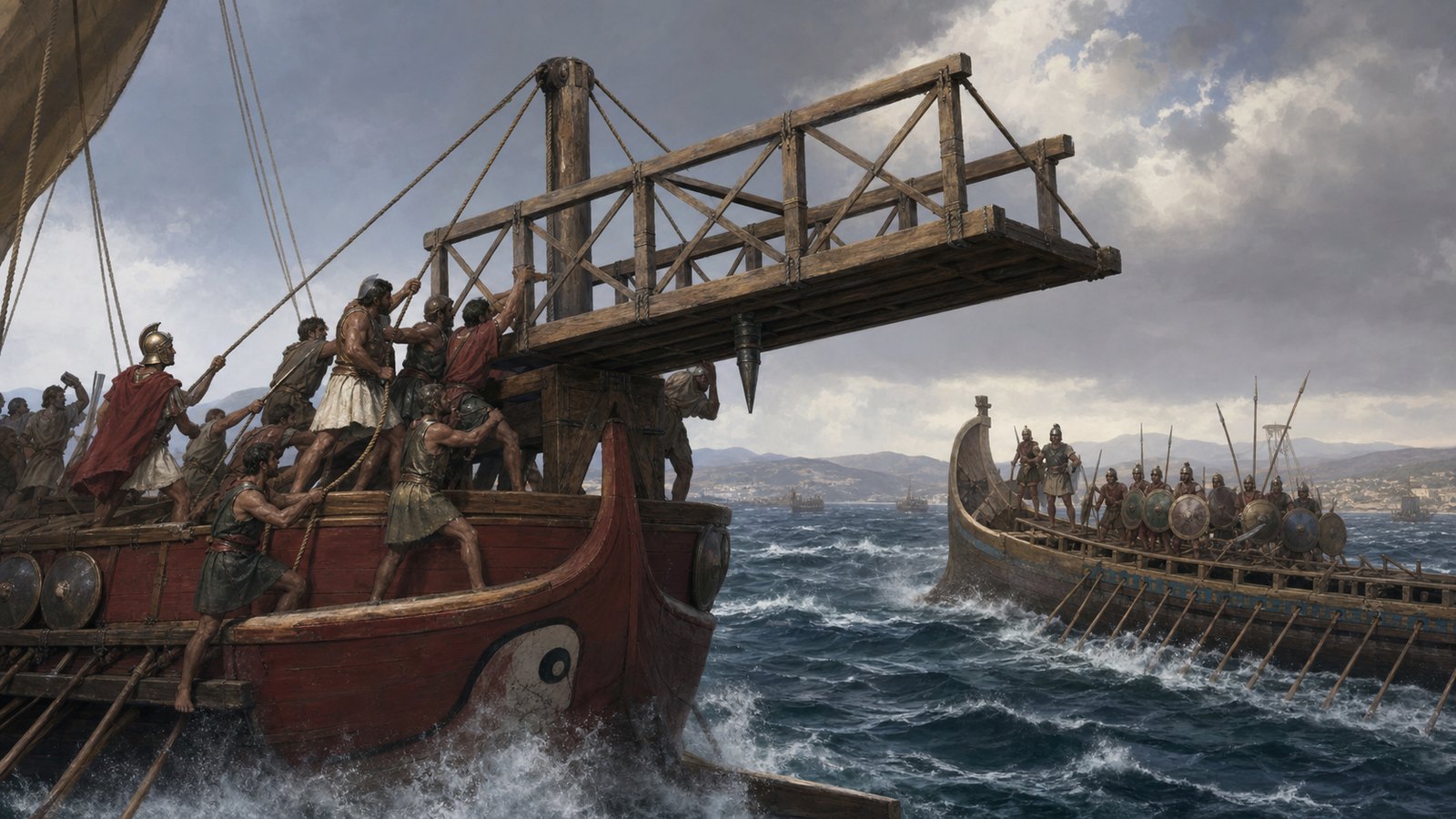 The raised corvus pivoted at a Roman galley’s bow before its iron beak crashed into an approaching deck.