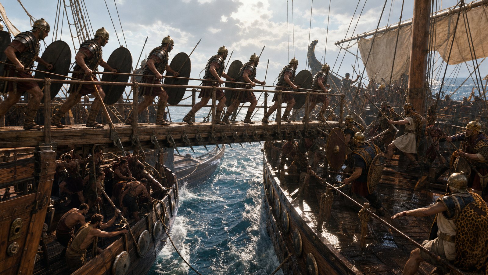 A four-foot-wide railed bridge gave shielded infantry a narrow route from Roman hull to Carthaginian deck.