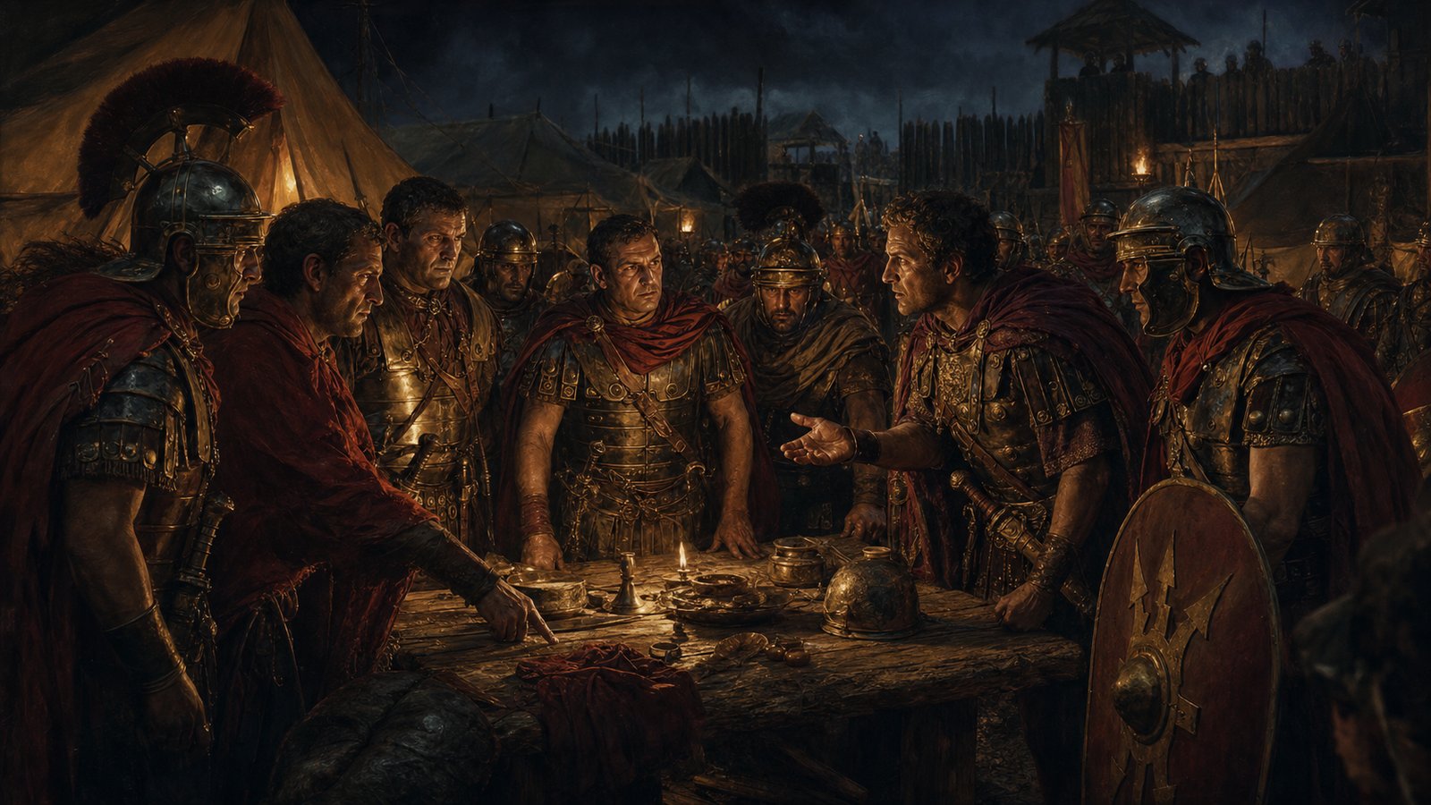 Praetorian guards bargaining in a torchlit camp