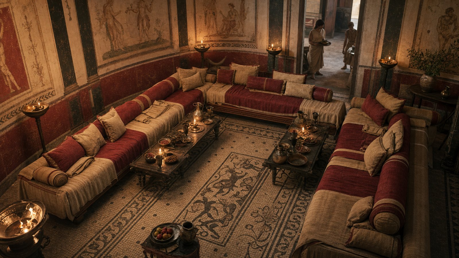 Three couches and a clear service route turned the triclinium into a legible arrangement before the guests arrived.