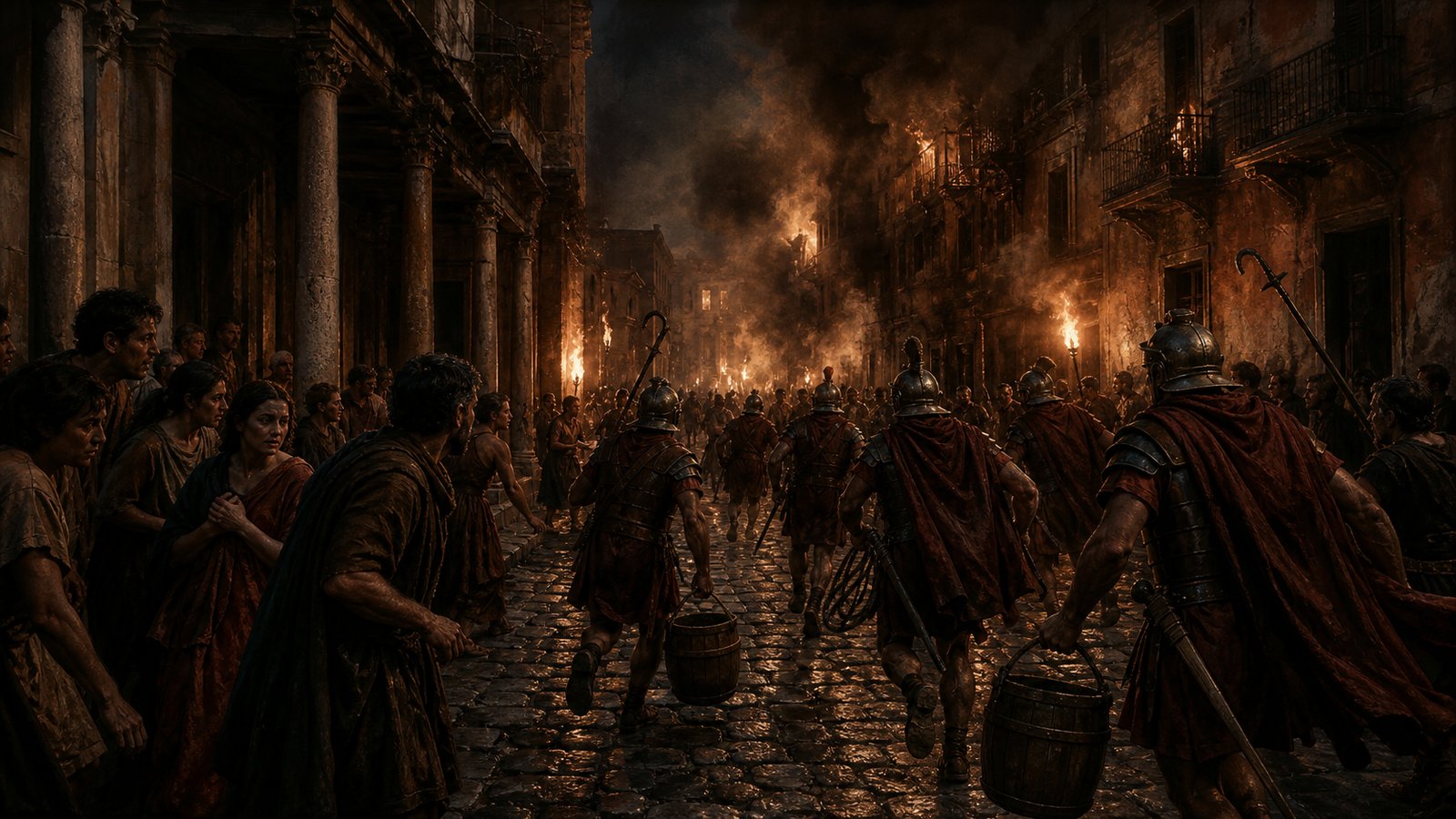 Roman vigiles rushing through a smoky street with buckets
