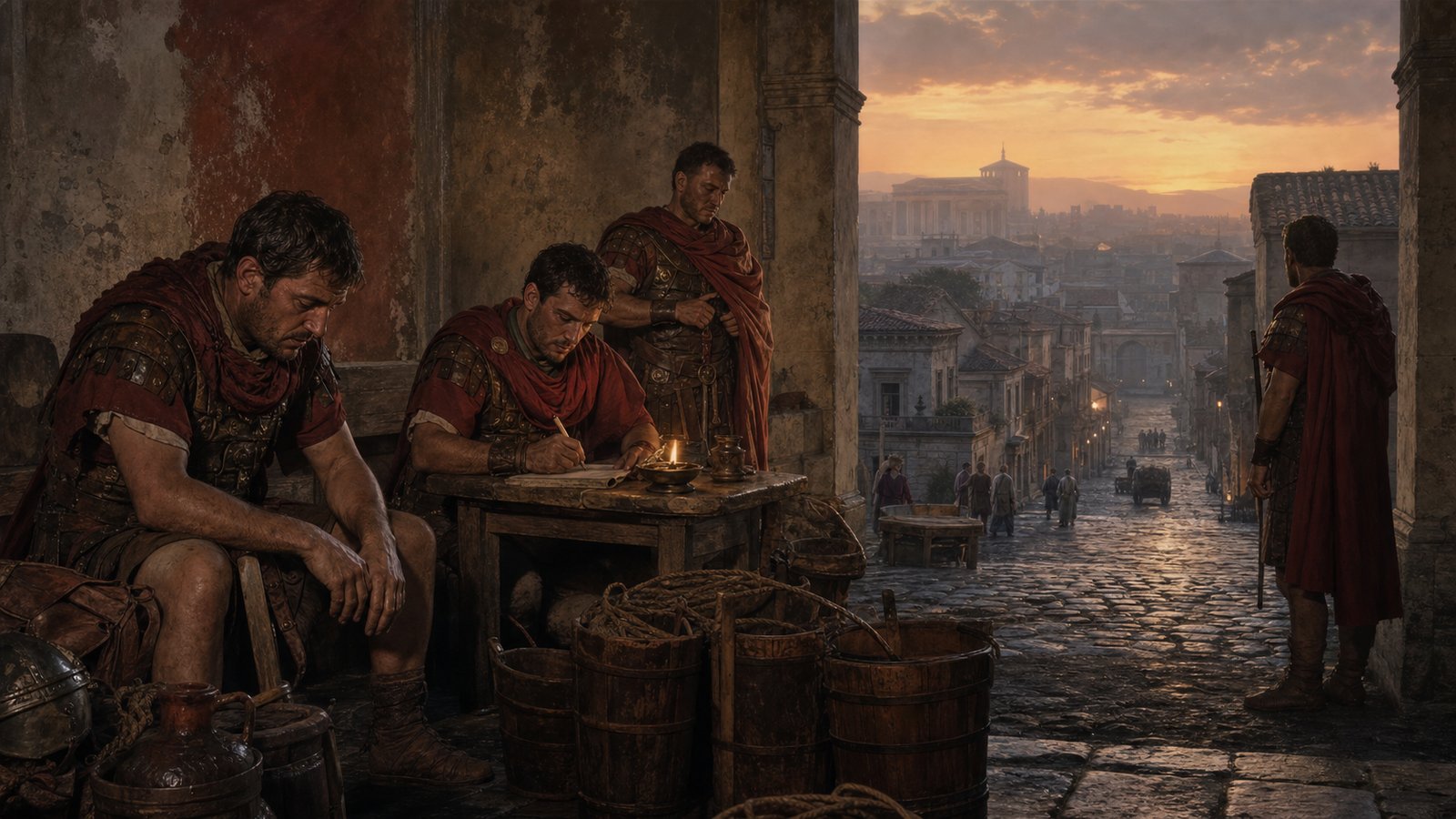 Tired Roman vigiles record a patrol at dawn