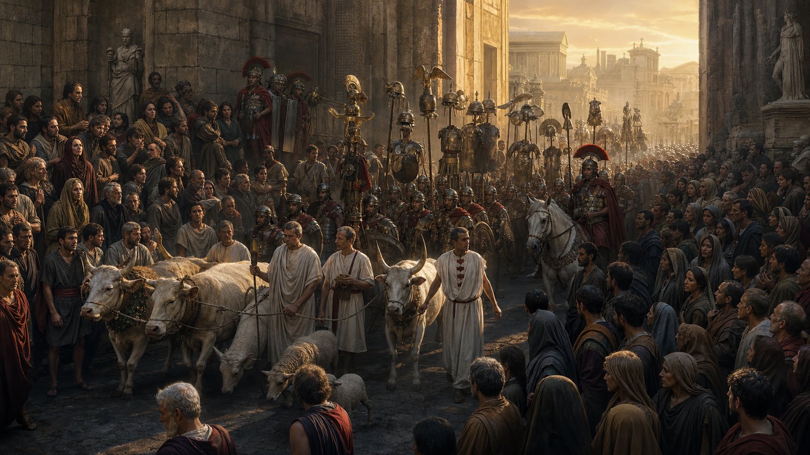 Roman soldiers and priests leading captured spoils and sacrificial animals at the beginning of a triumphal procession