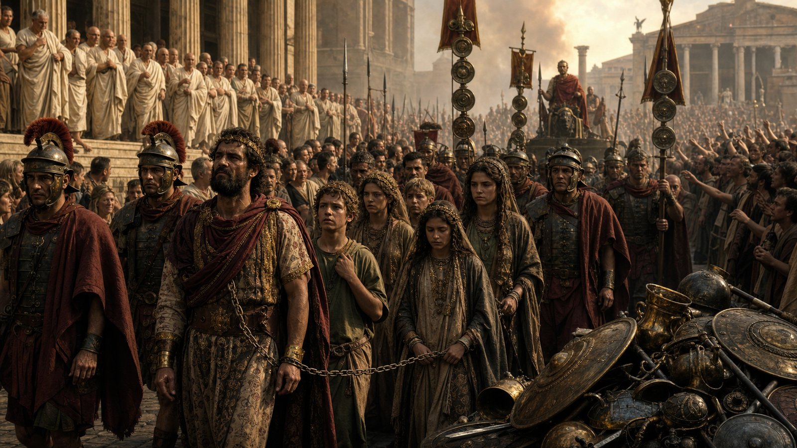 Royal captives and hostages being led through the Roman Forum during a triumph while senators and crowds watch