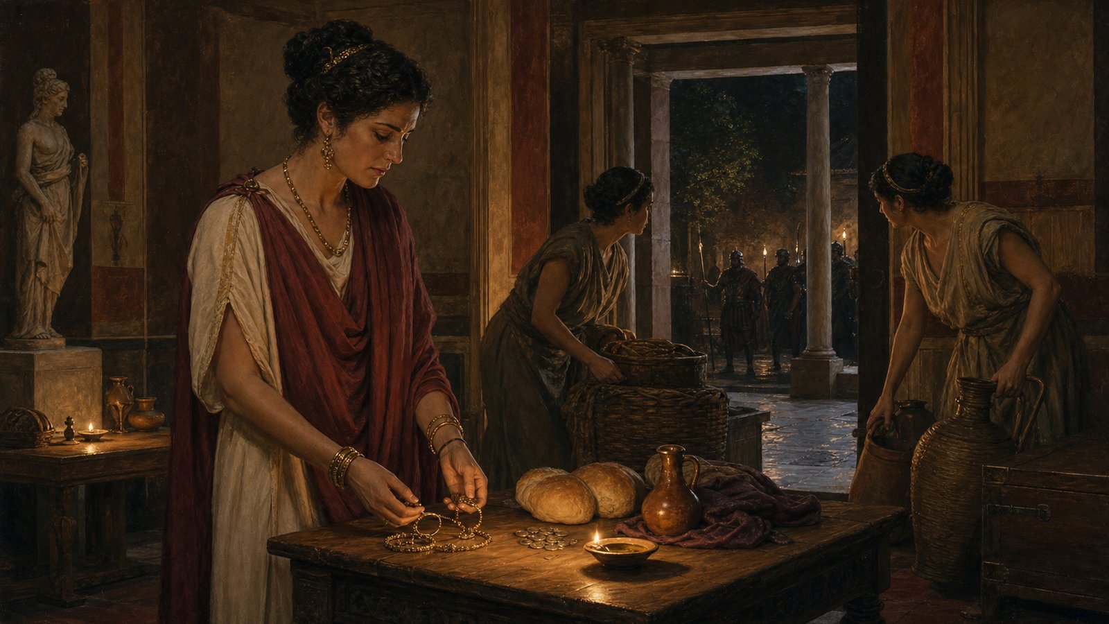 A Roman woman quietly passes jewelry, provisions and instructions through a lamplit household while her proscribed husband remains hidden.