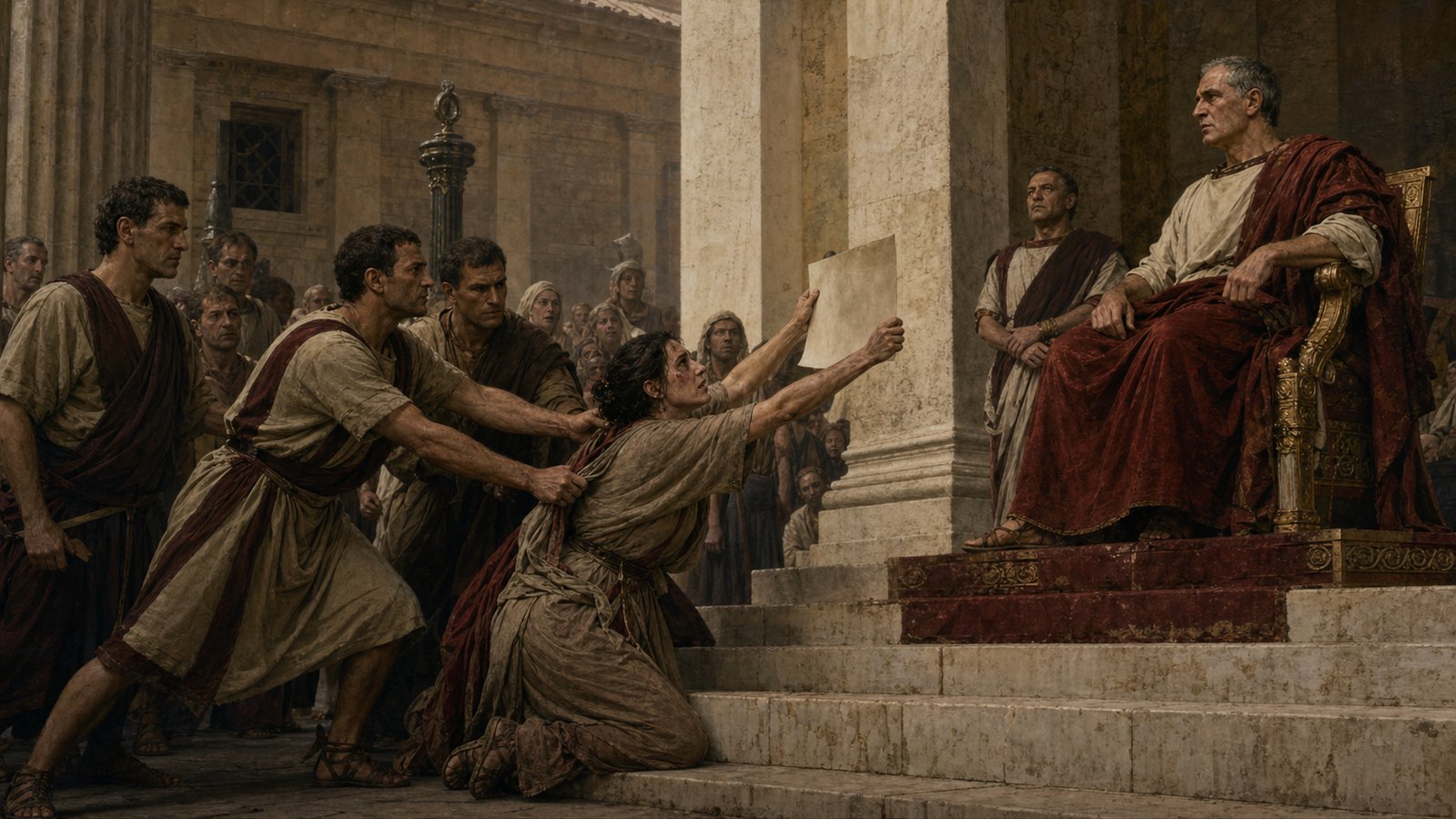 A determined petitioner recites an imperial edict before Marcus Lepidus as attendants try to pull her away, the public wording becoming her protection.