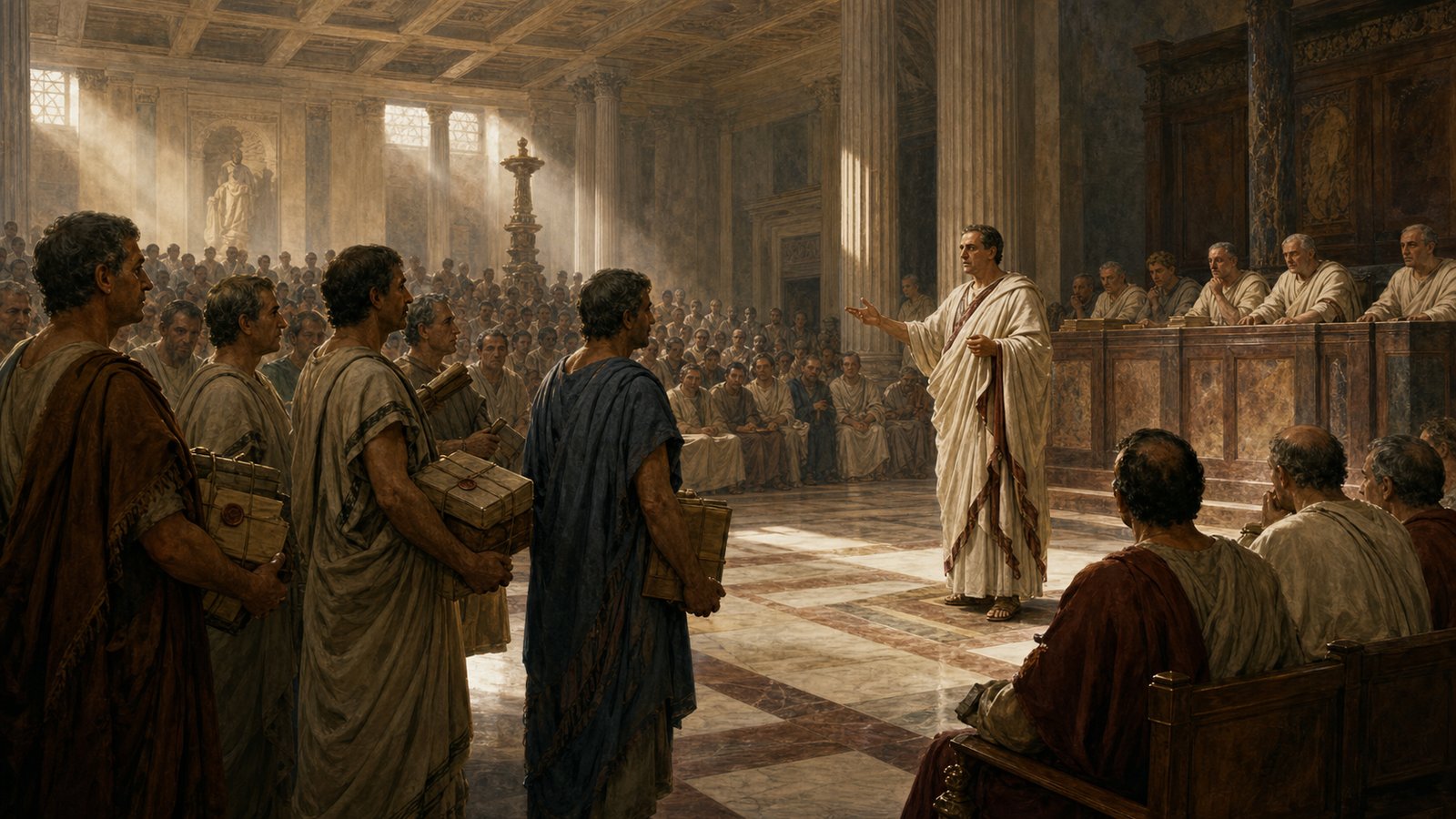 Sicilian witnesses wait with documents as Cicero addresses a crowded Roman extortion court
