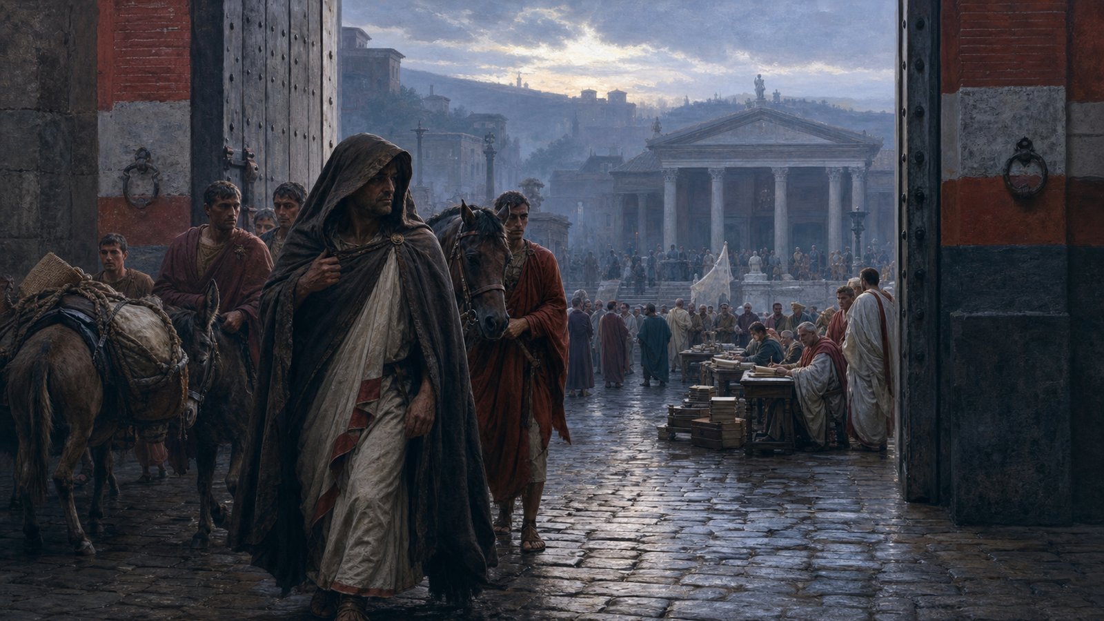 A Roman governor quietly departs the city while court documents and witnesses remain behind
