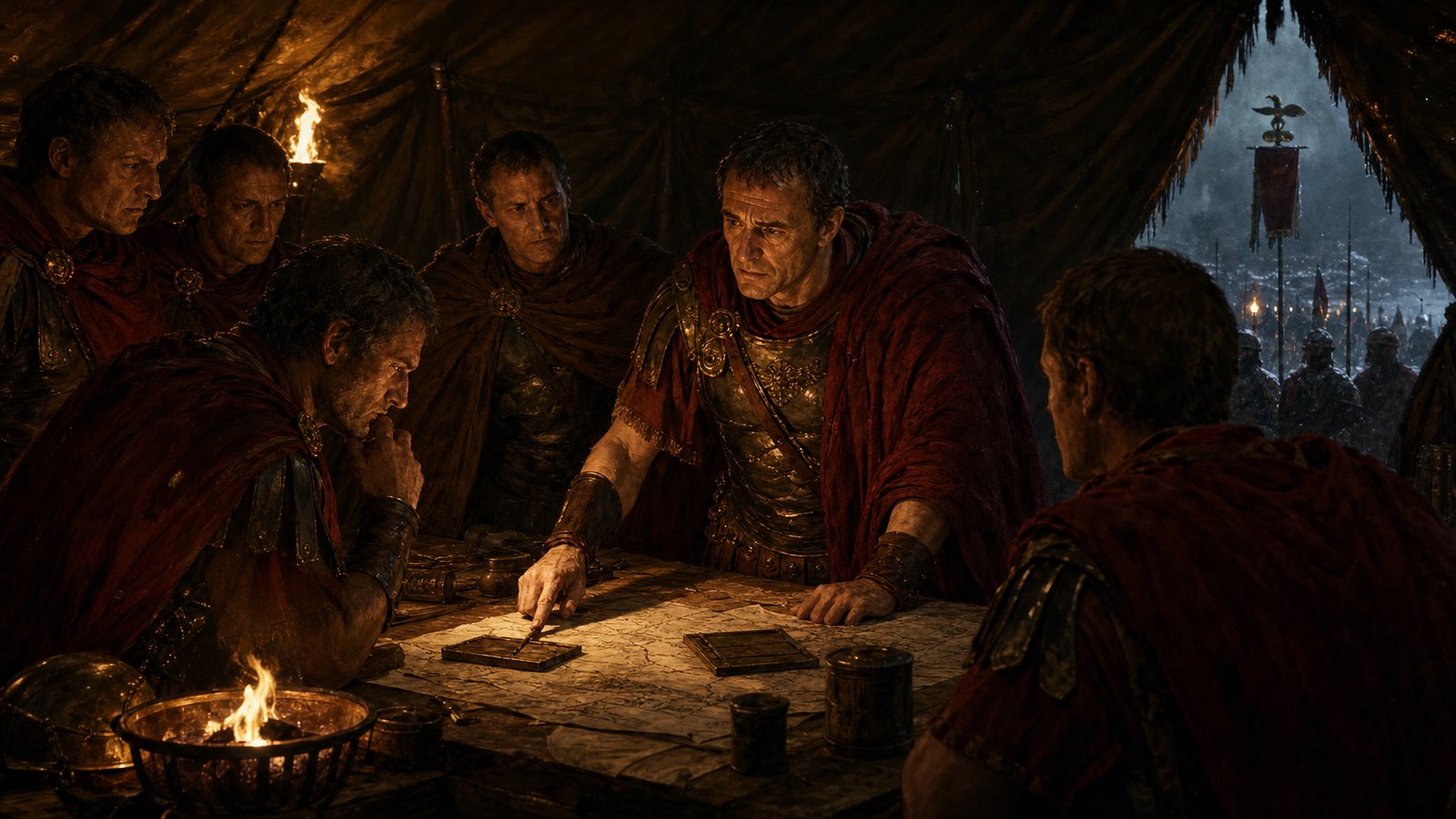 Caesar and officers in a winter command tent before the Rubicon