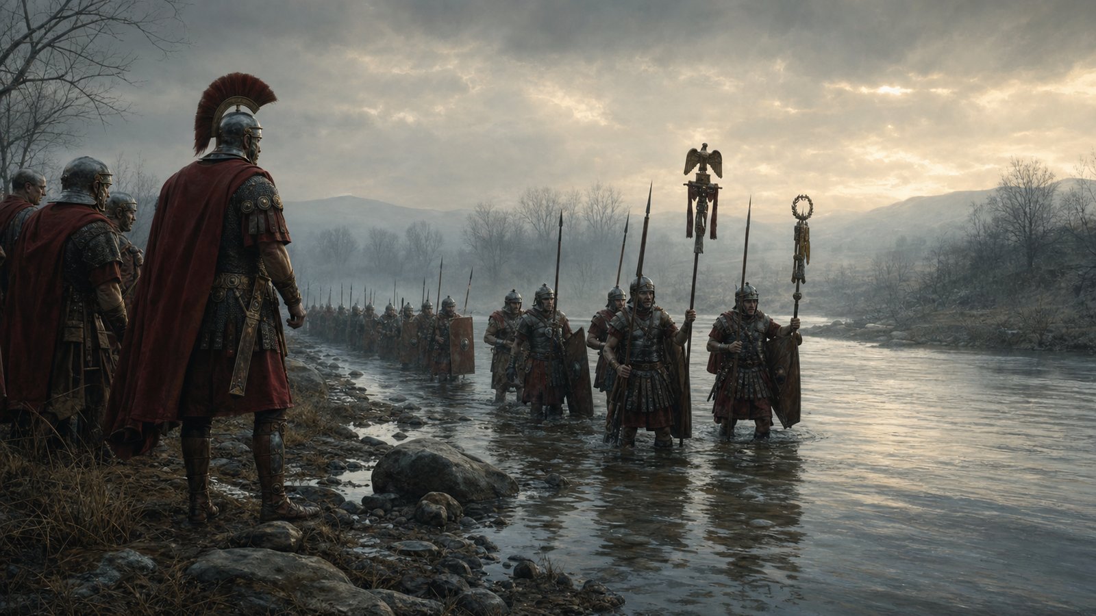 Roman legionaries crossing a narrow river with standards