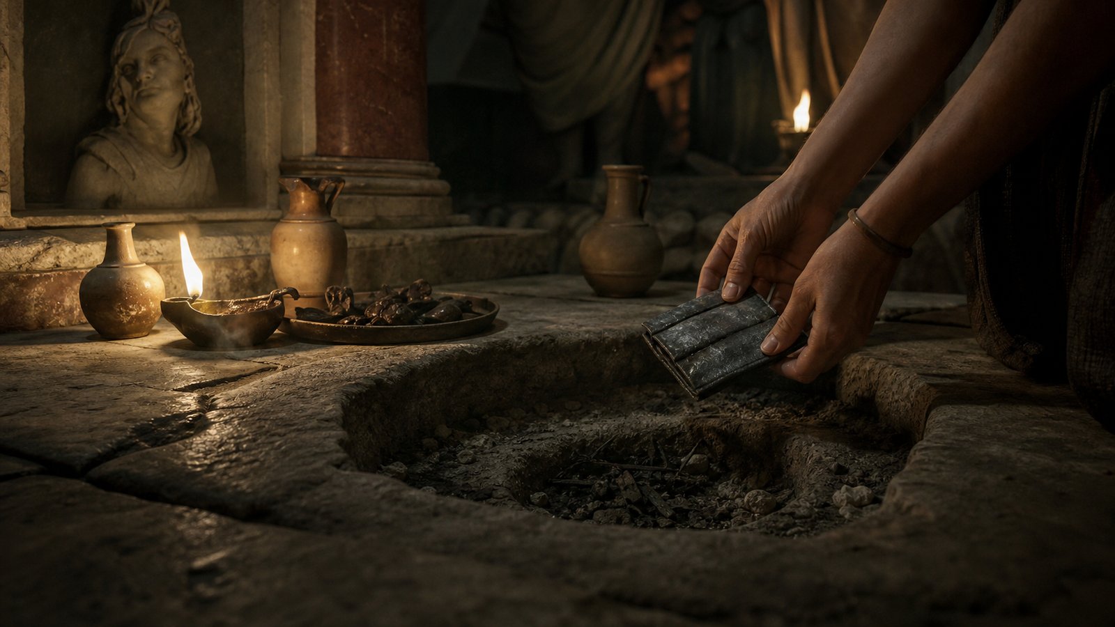 A curse tablet turned private fear into a small object: scratched words, folded lead, lamplight, and a hope that hidden powers would listen.