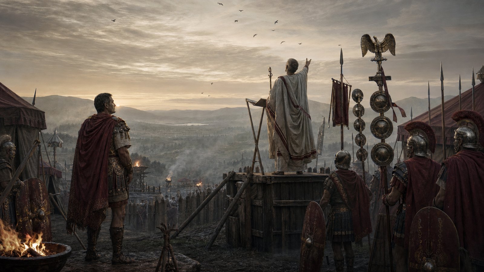 Roman augur watching birds before a battle