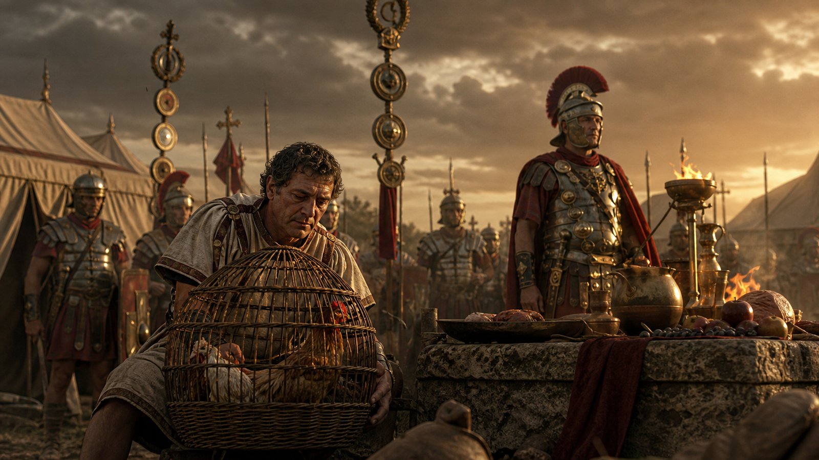 Sacred chickens and a Roman pullarius near a camp altar