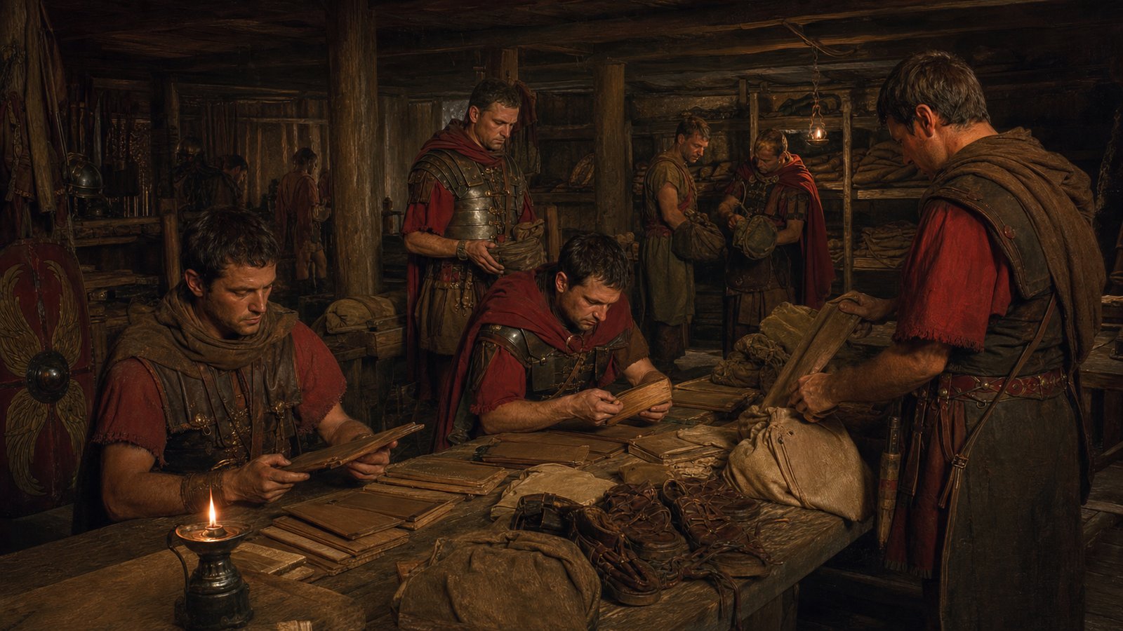 Roman soldiers sort wooden tablets in a frontier barracks