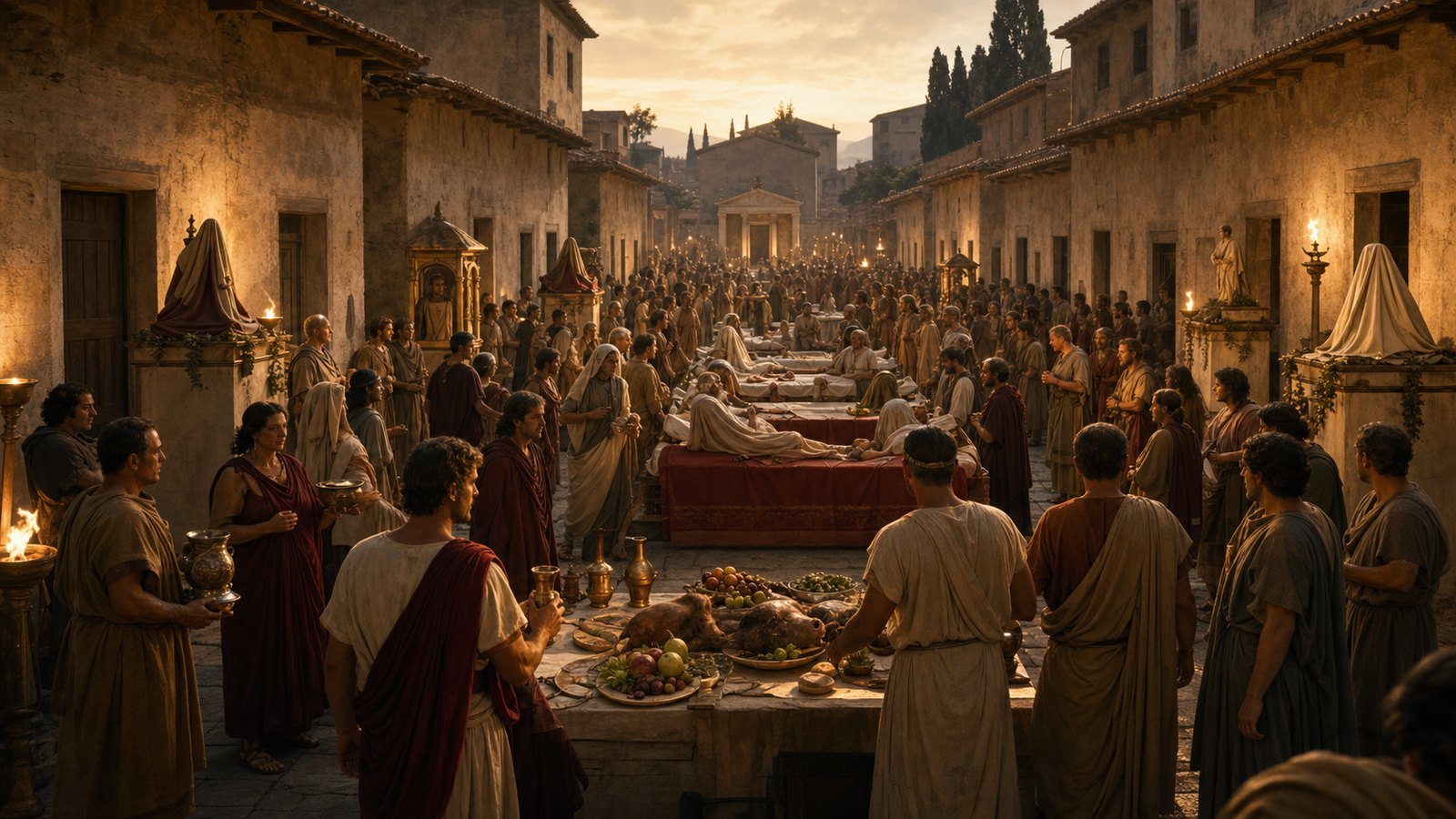 During the pestilence of 399 BCE, Rome answered consultation with a lectisternium—couches and hospitality displayed for the gods.