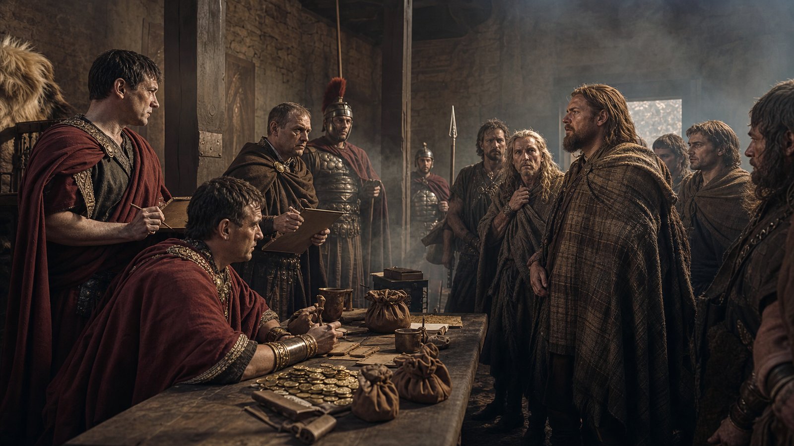 Roman officials confront Britons in a provincial hall