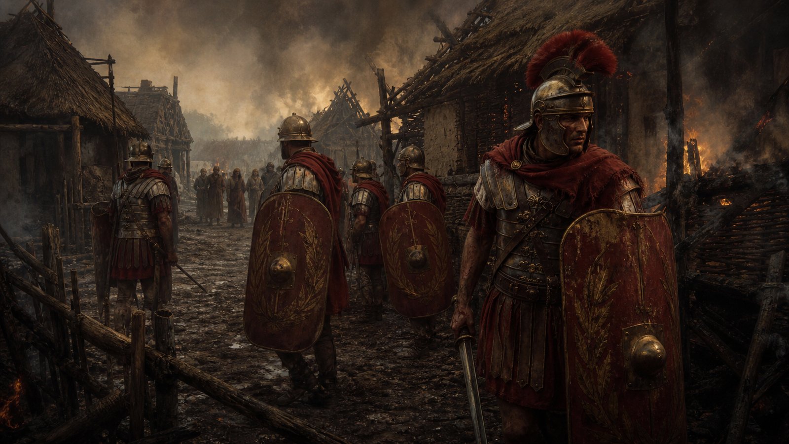 Roman soldiers move through a burned British settlement after revolt