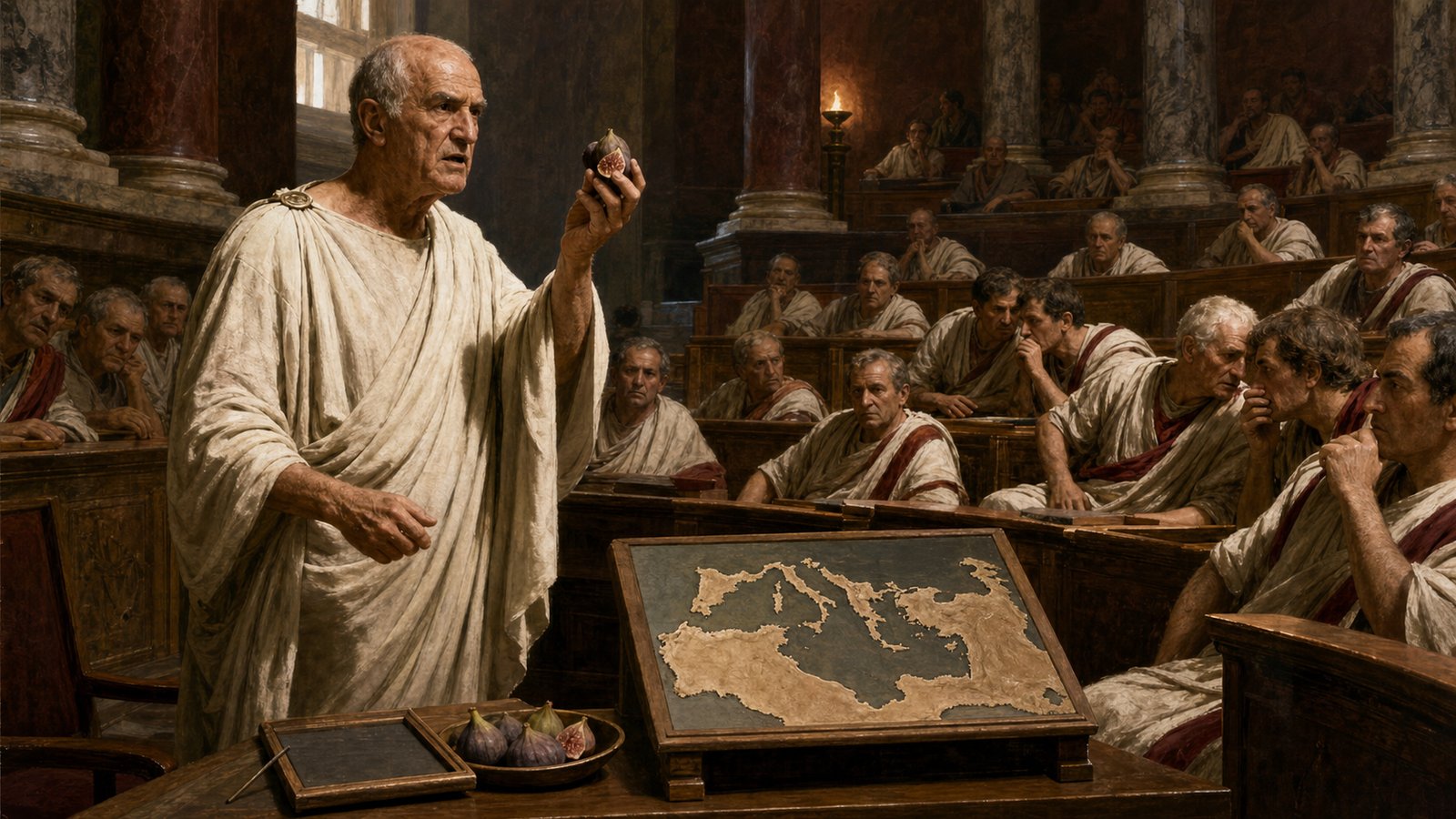 Cato speaking in the Roman Senate with figs and a map