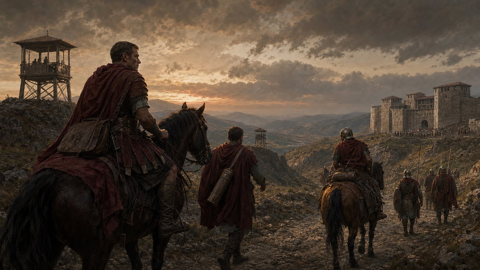Late Roman couriers carrying imperial orders along a frontier road