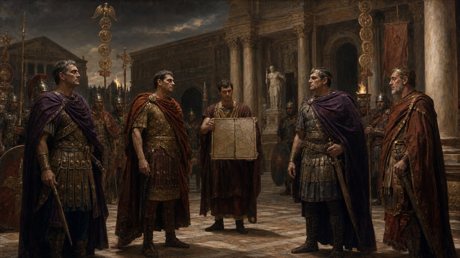 Four late Roman rulers confer in a palace courtyard