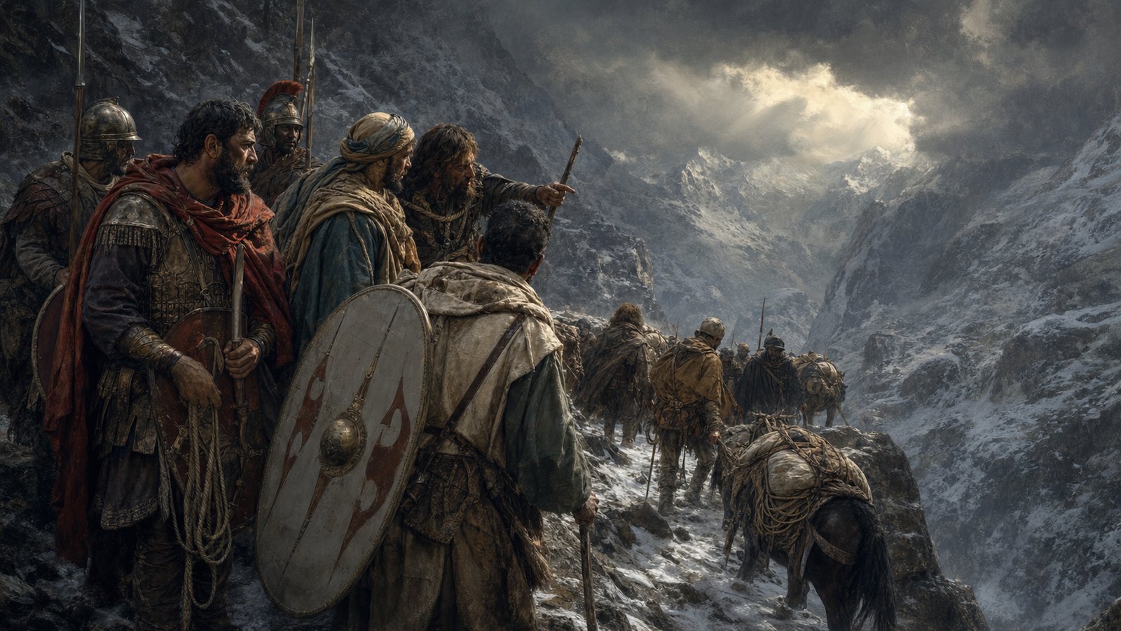 Hannibal's scouts study a dangerous Alpine path