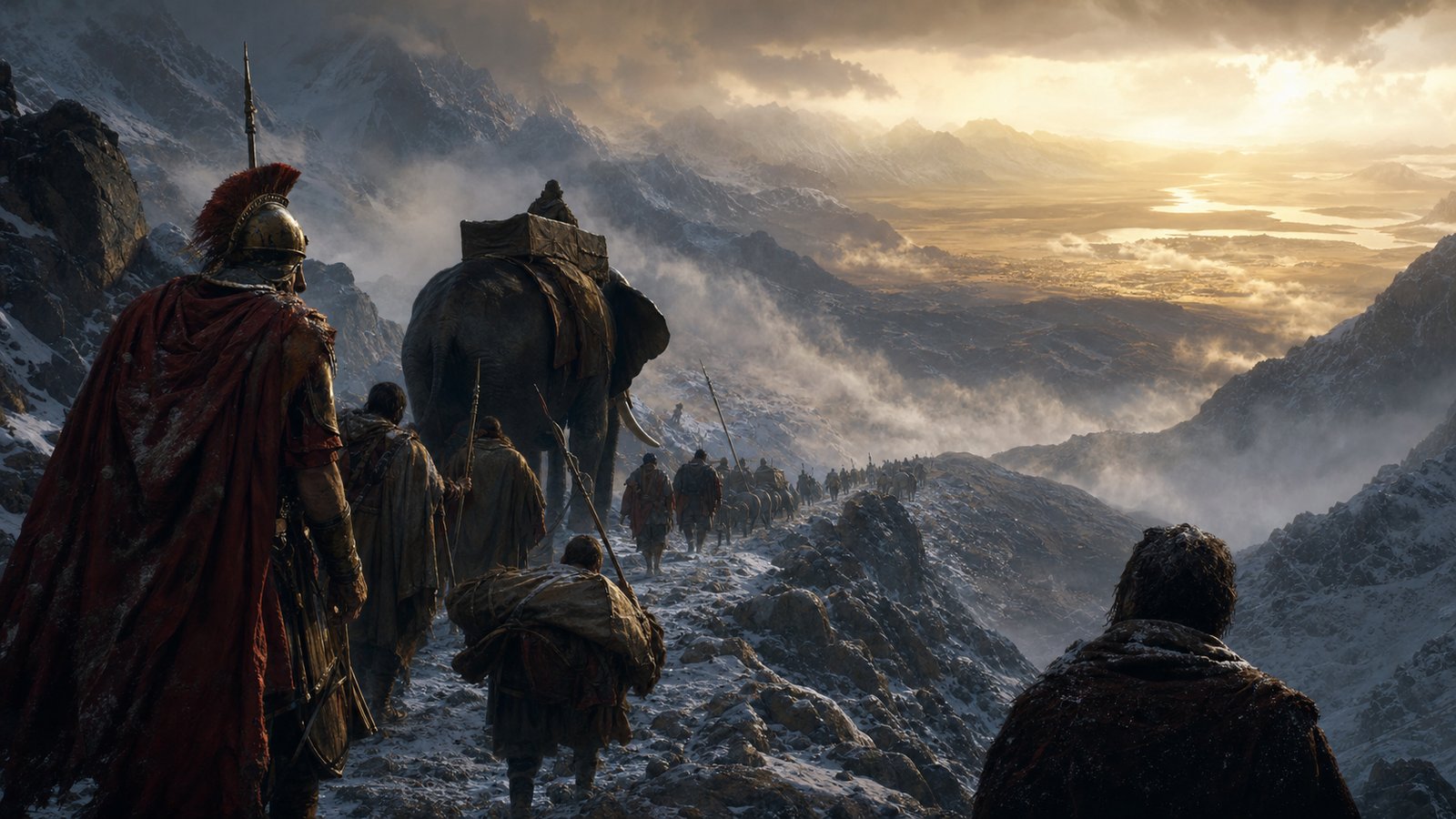 Hannibal's army descends from the Alps into Italy