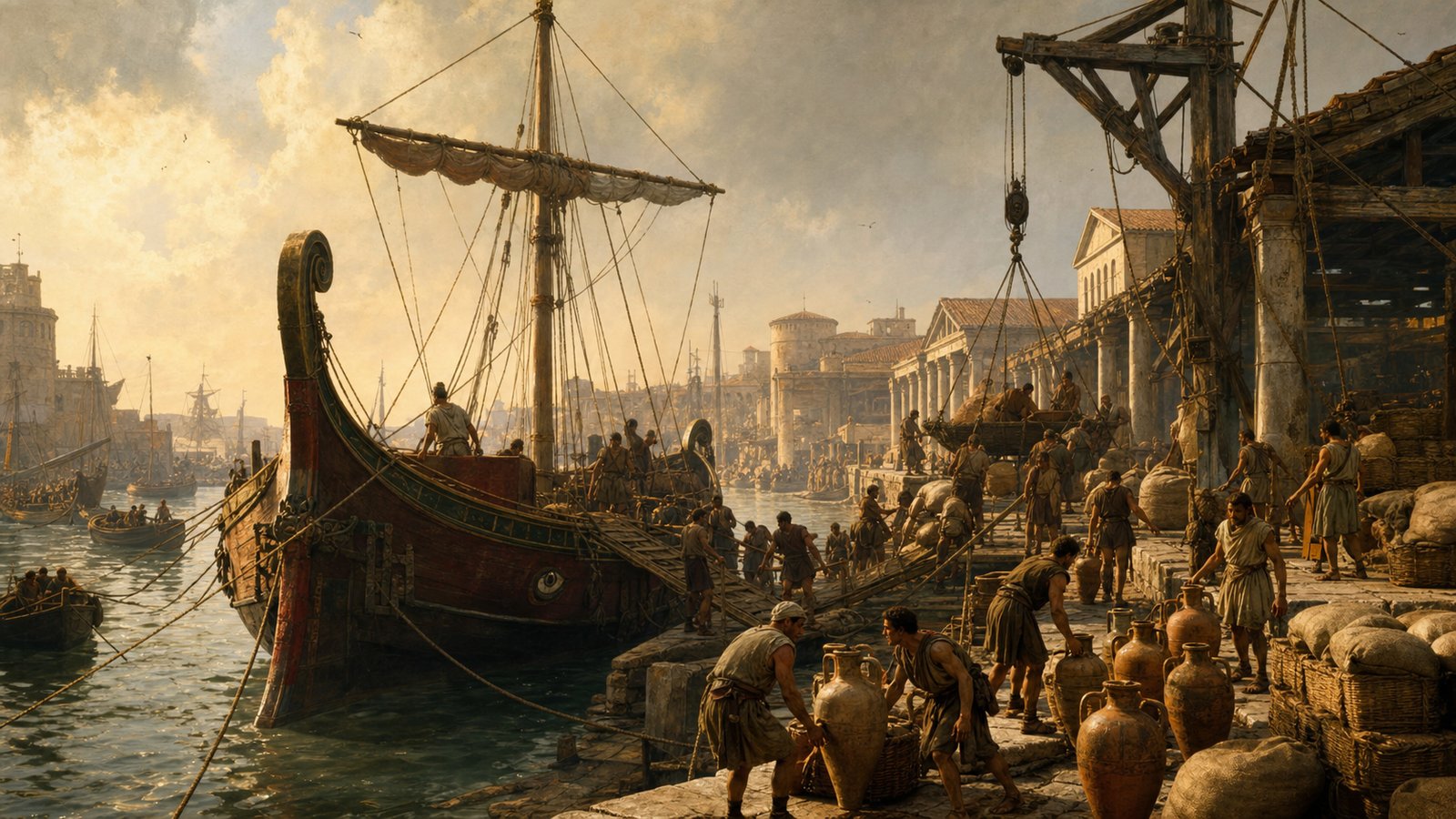 Ostia turned distant shipments into visible routines: ships, ropes, sacks, amphorae, dock labor, warehouses, and records.