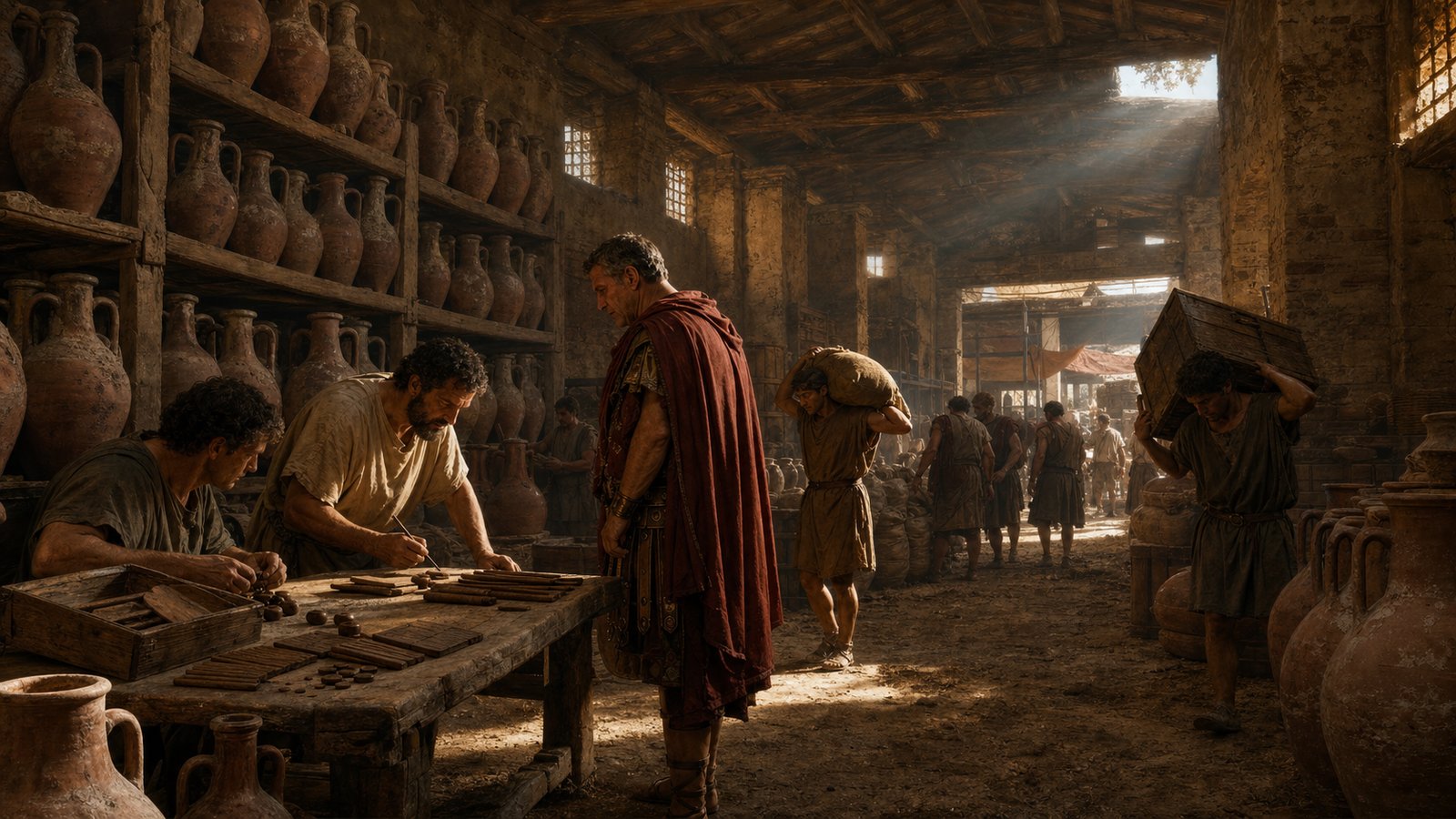 The harbor made the empire feel practical because goods from far away had to arrive, be counted, stored, and moved toward Rome.