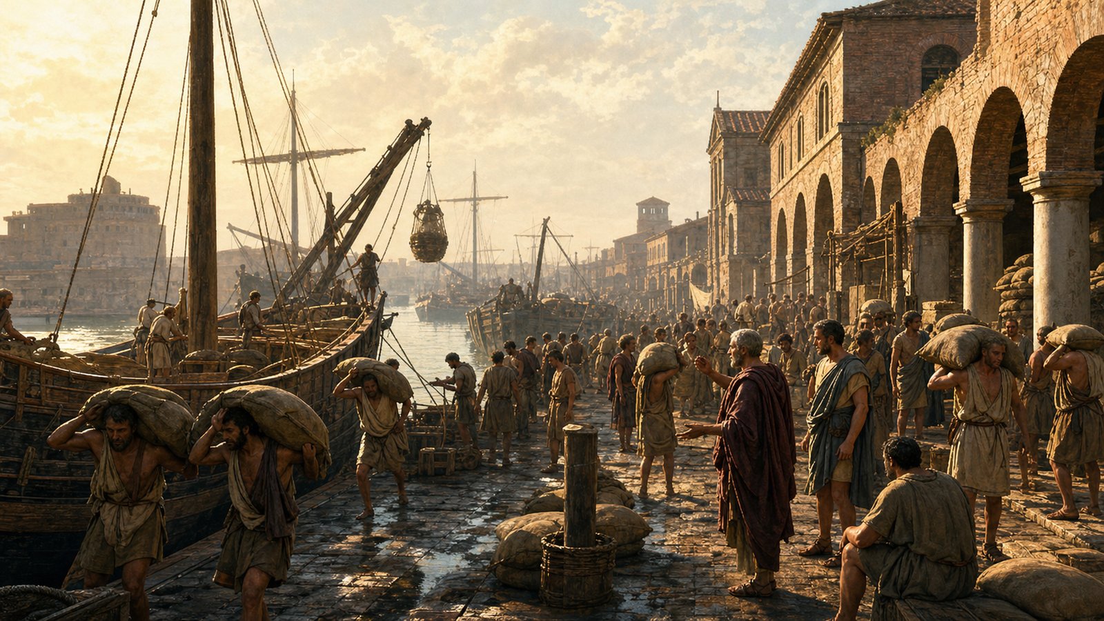 Ostia’s warehouses turned the dangerous arrival of food into stored, counted, and guarded supply.