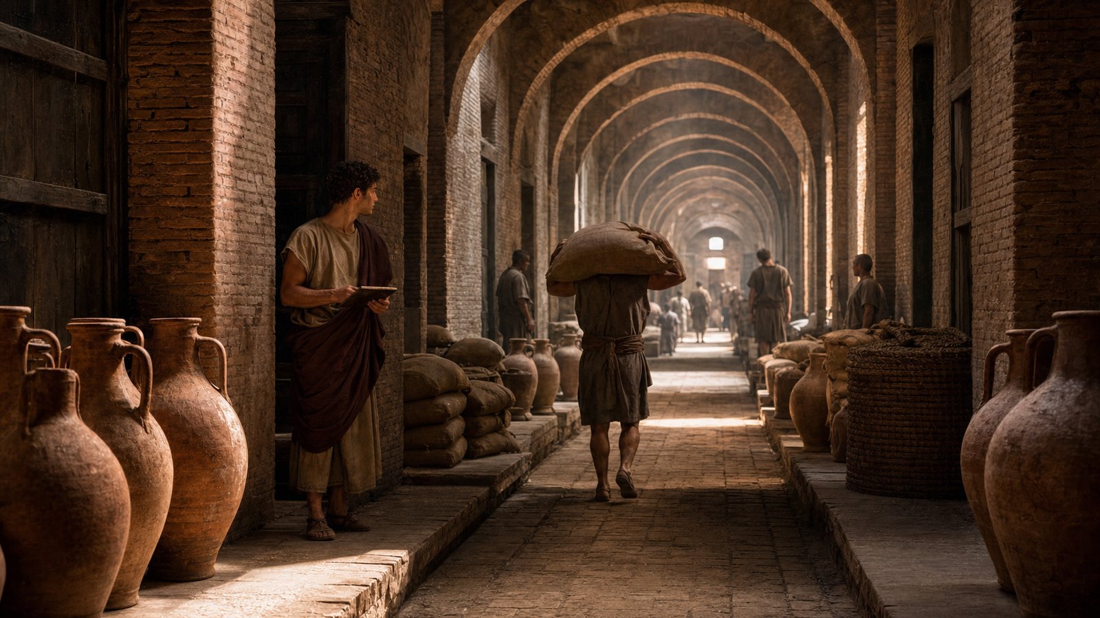 Behind Rome’s daily bread stood corridors, doors, sacks, amphorae, clerks, porters, and the slow discipline of storage.