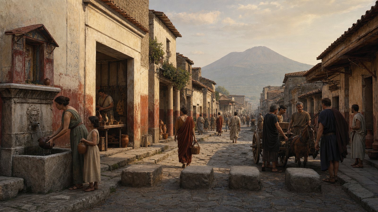 A Pompeii street with fountain, shopfronts, stepping stones, and Mount Vesuvius in the distance before the eruption