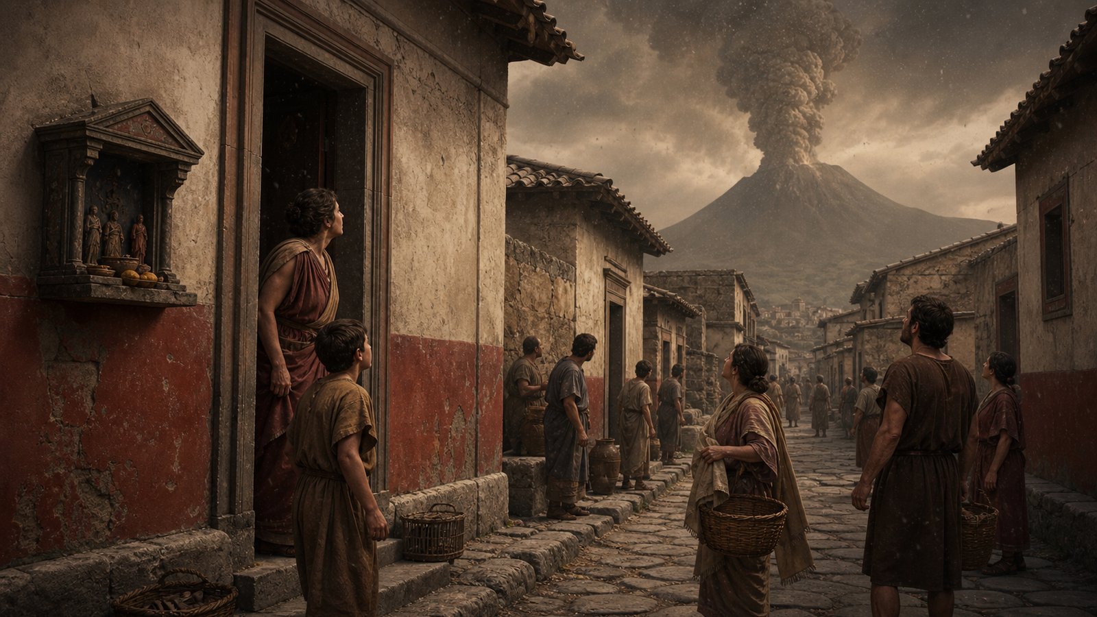 Pompeii residents looking toward Mount Vesuvius as ash begins to fall over a Roman neighborhood