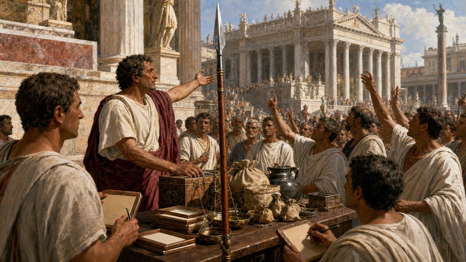 The spear beside the sale made a transaction feel public, official, and hard to pretend away.