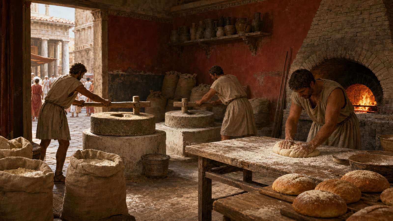 The work behind a loaf was visible: grinding stones, flour dust, heat, labor, and a counter open to the street.