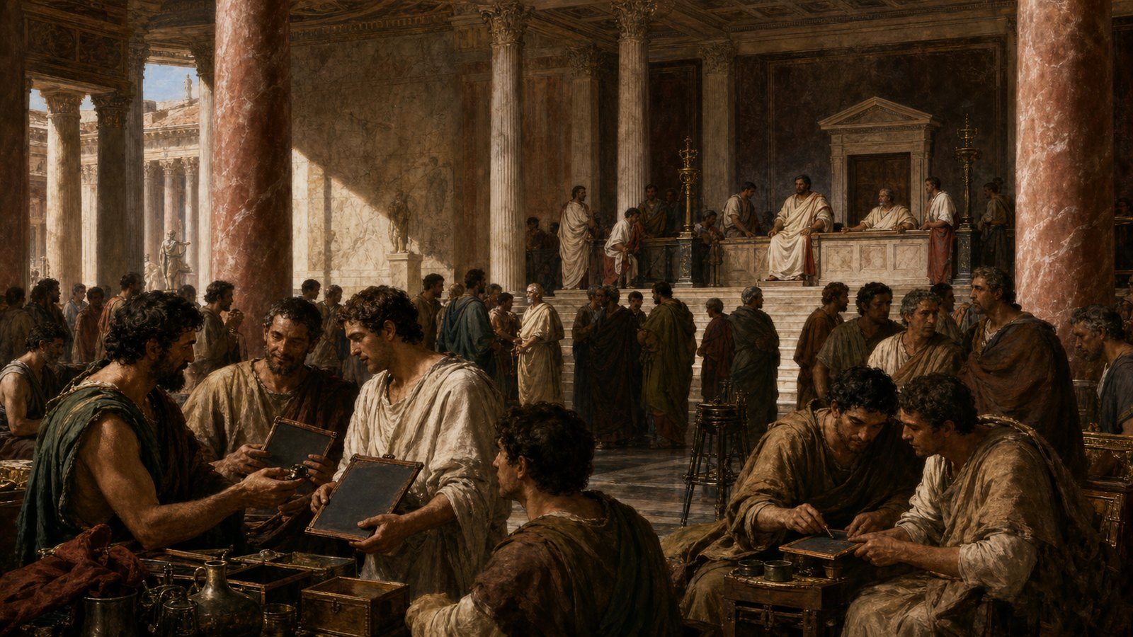 A basilica gathered merchants, advocates, clerks, and waiting citizens under one public roof.