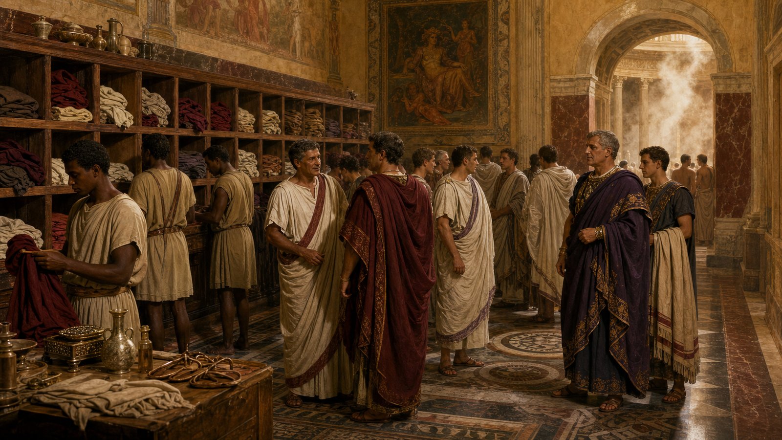 The bathhouse gave Romans a public setting where bodies, favors, greetings, and reputations could be managed.