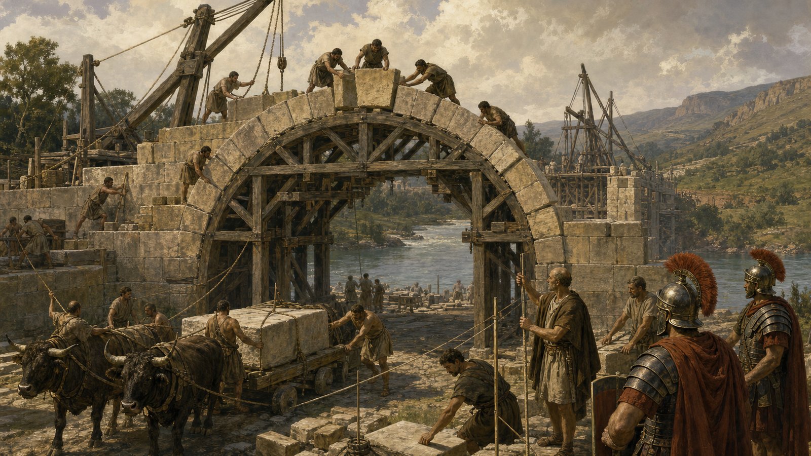 Roman bridge work turned a difficult river crossing into a measured project of stone, rope, labor, and command.