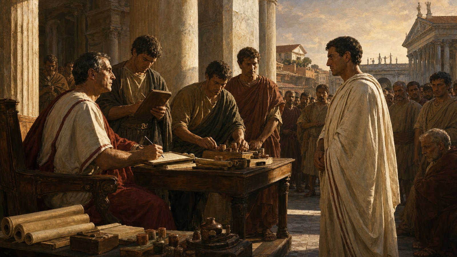 A censorial review made reputation visible because citizens stood before officials, witnesses, tablets, and lists.