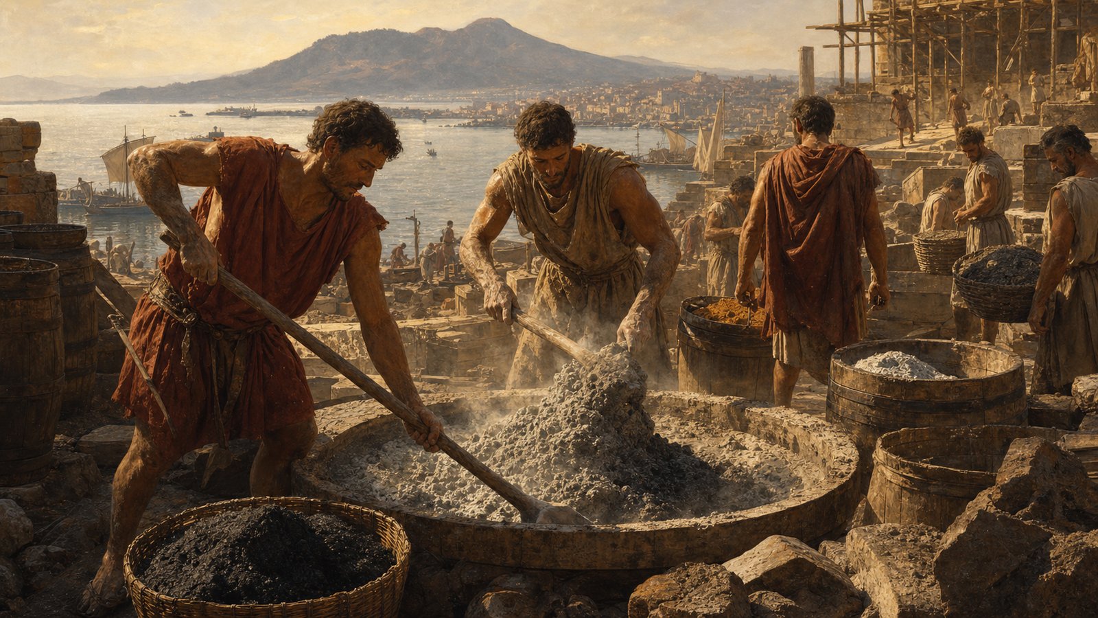 Roman workers mixing pozzolana and lime near a harbor