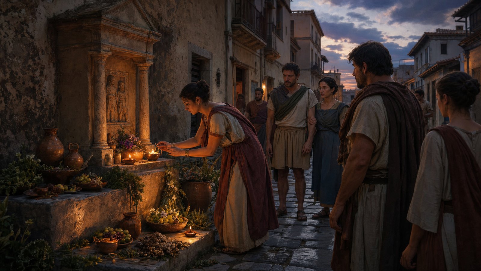 Offerings, lamps, and repeated pauses made local belonging visible in the street.