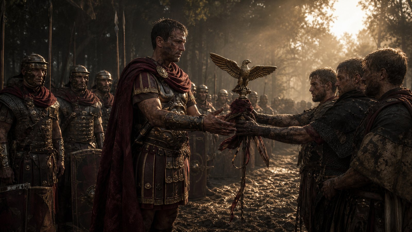 Roman commander receiving a recovered eagle standard