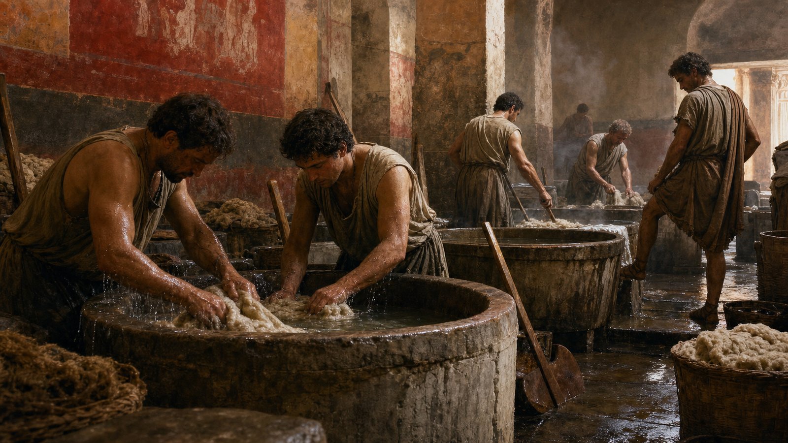 The fullonica turned cloth care into wet, noisy, skilled labor that belonged to the urban workshop, not the hidden household.